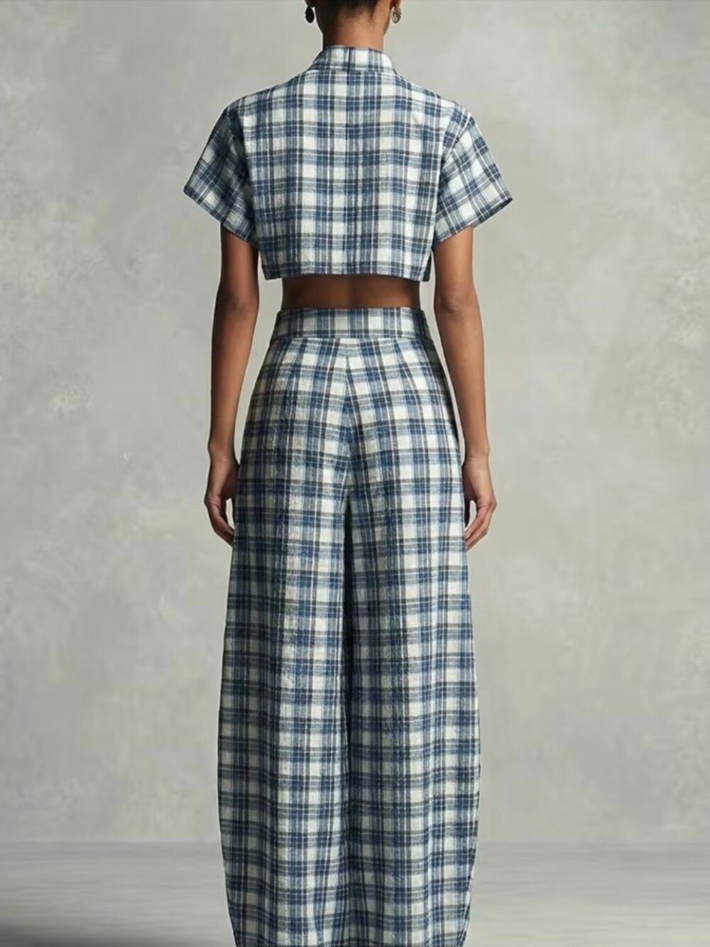 Blue & White Plaid Stand-Collar Cropped Top + High-Waisted Pleated Lantern Pants - Picture 3 of 3